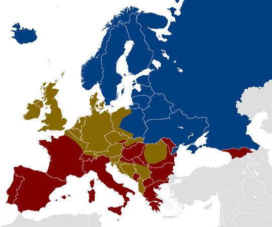 map of Europe showing alcohol bands or favoured drinks by country