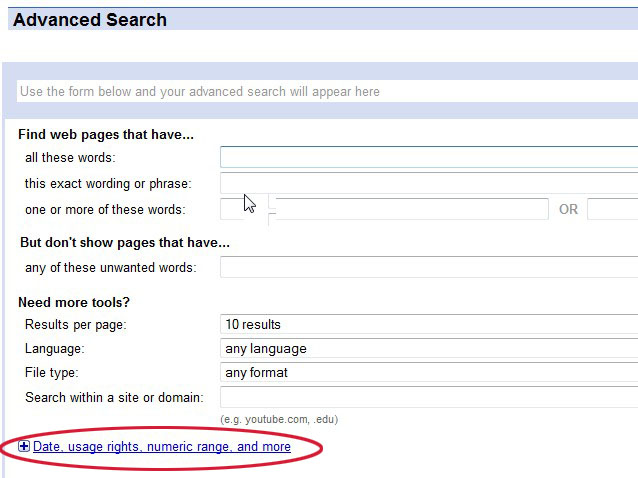 Image showing how to expand the Google Advanced Search page
