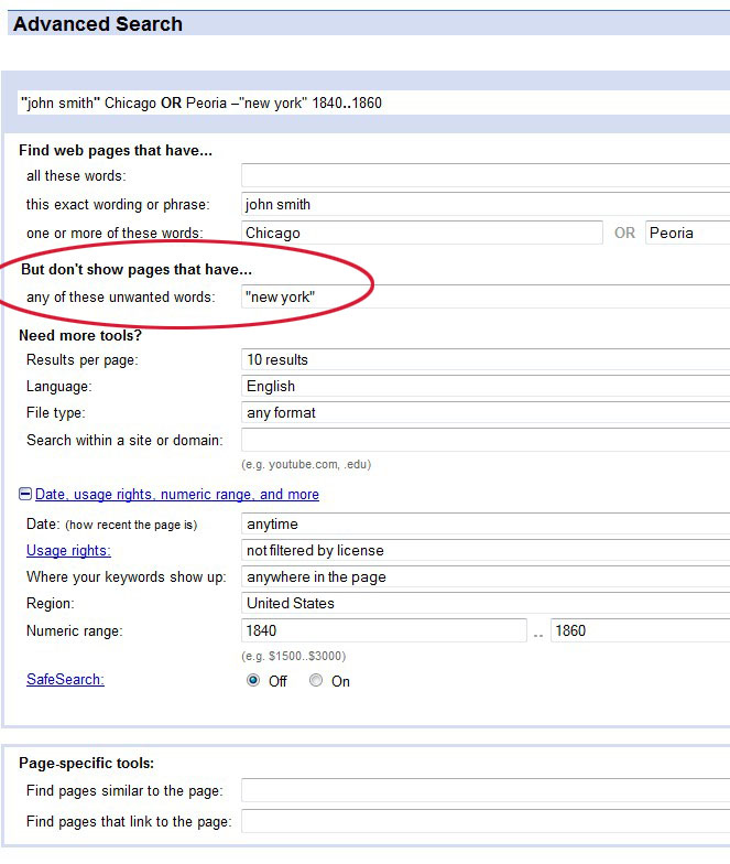 image showing how to exclude words in a Google Advanced Search