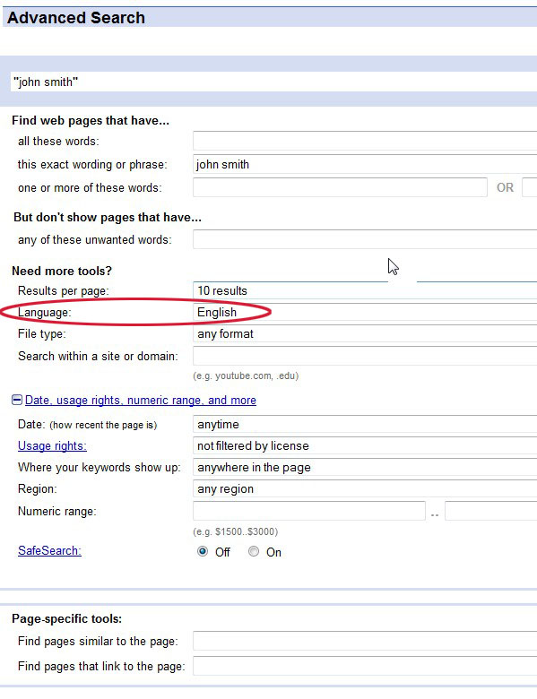 image of Google Advanced Search highlighting how to select a language