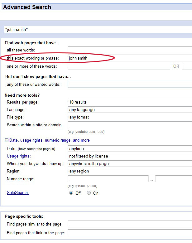 Image of Google Advanced Search highlighting how to enter a name