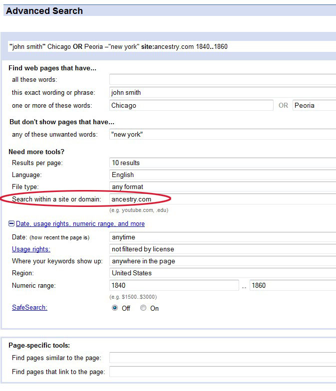 image showing how to do a site specific search with Google Advanced Search
