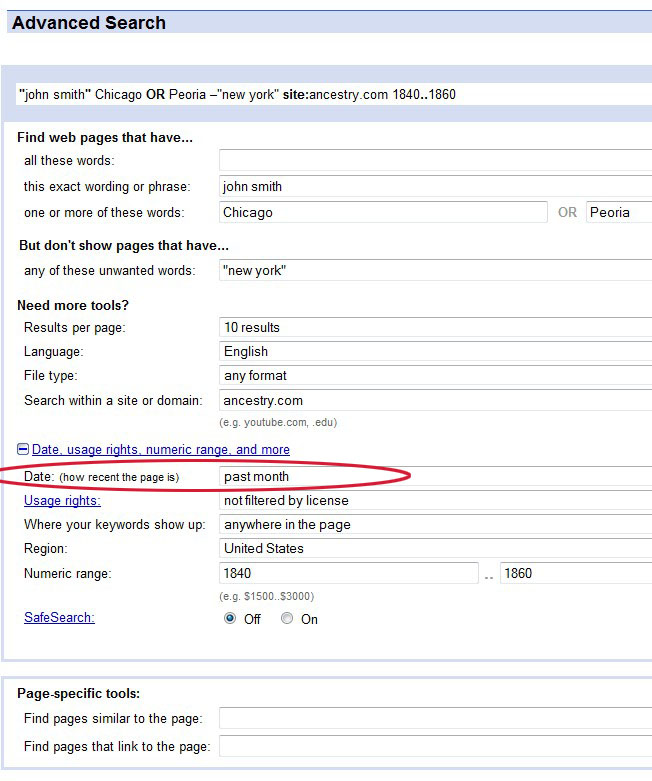 image showing how to search for recent records with Google Advanced Search