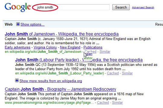 John Smith search from Google.com