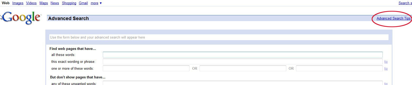 image showing Google Advanced Search tips
